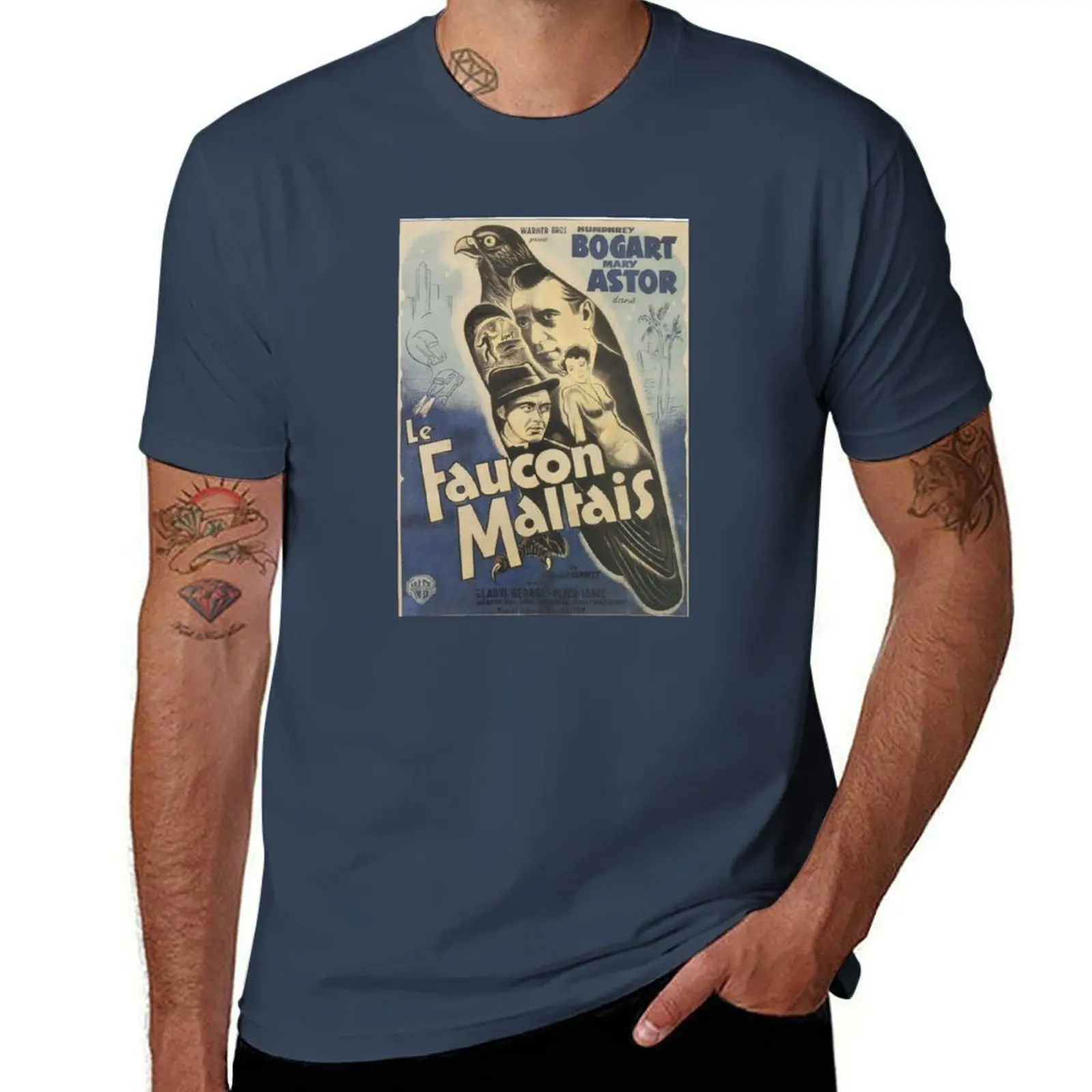 

Maltese Falcon - vintage french movie poster (Humphrey Bogart, Mary Astor) T-Shirt Active Sports Short Sleeve Cotton Shirt