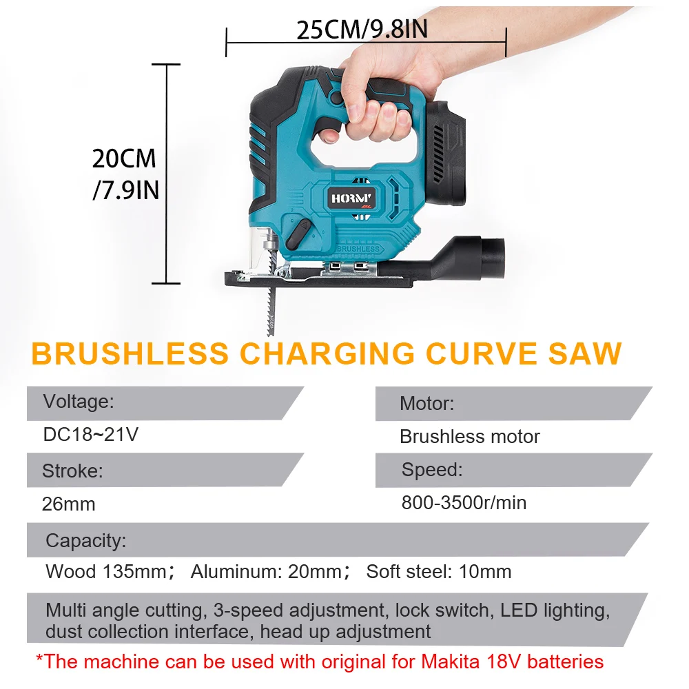 Hormy 18V Brushless Curve Saw 26mm Stroke Multi angle Cutting Saw For Makita 18V Lithium Battery Woodworking Electric Saw