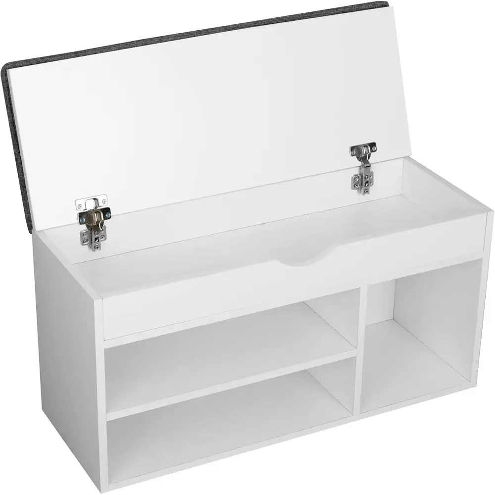 白とグレーの玄関用シューズベンチ、スタイリッシュな靴の整理に最適な収納付き