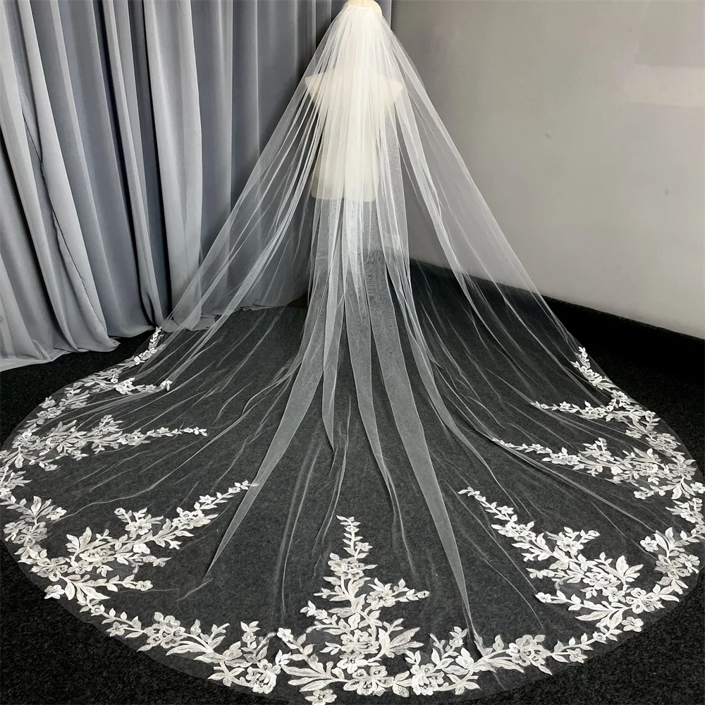 Real Photos Long Lace Appliques Wedding Veil White Ivory Cathedral 1 Layer Bridal Veil 3Meters Bride Veil
