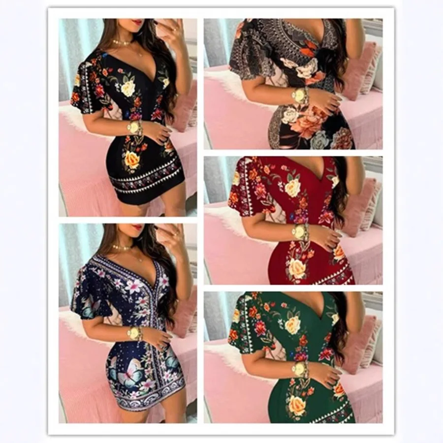 

【New style】- Europe and America eBay Spring and Summer Women's Sexy Deep V Short-sleeved Hip Dress Sexy Style