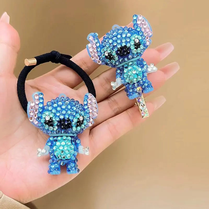 

Заколка для волос Stitch Kawaii с бриллиантами, заколка для волос со стразами, кольцо для волос, милая мультяшная резинка для волос, подарок на день рождения для девочек
