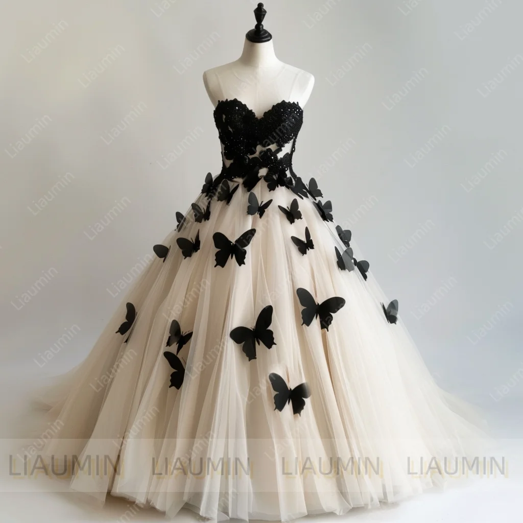 Liaumin Klassieke Zwarte Vlinder Strapless Elegante Lace-up Terug Avond Bruiloft Formele Party Prom Jurken Aangepaste W15.29.3