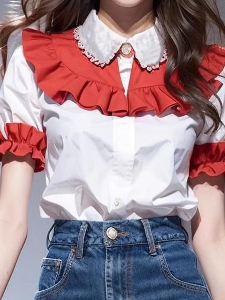 Korea Red White Puff Short Sleeve Top Female Elegant Summer Luxury Vintage Slim Blouse For Women Fashion Peter Pan Collar Shirts