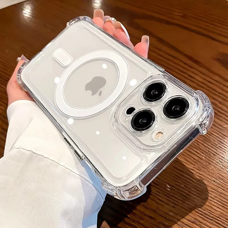 Luxuriöse Stoßfeste Transparente Hülle mit MagSafe für iPhone 11 12 13 14 15 16 17 Max Plus 17E Magnetische Kabellose Ladefunktion Durchsichtige Abdeckung