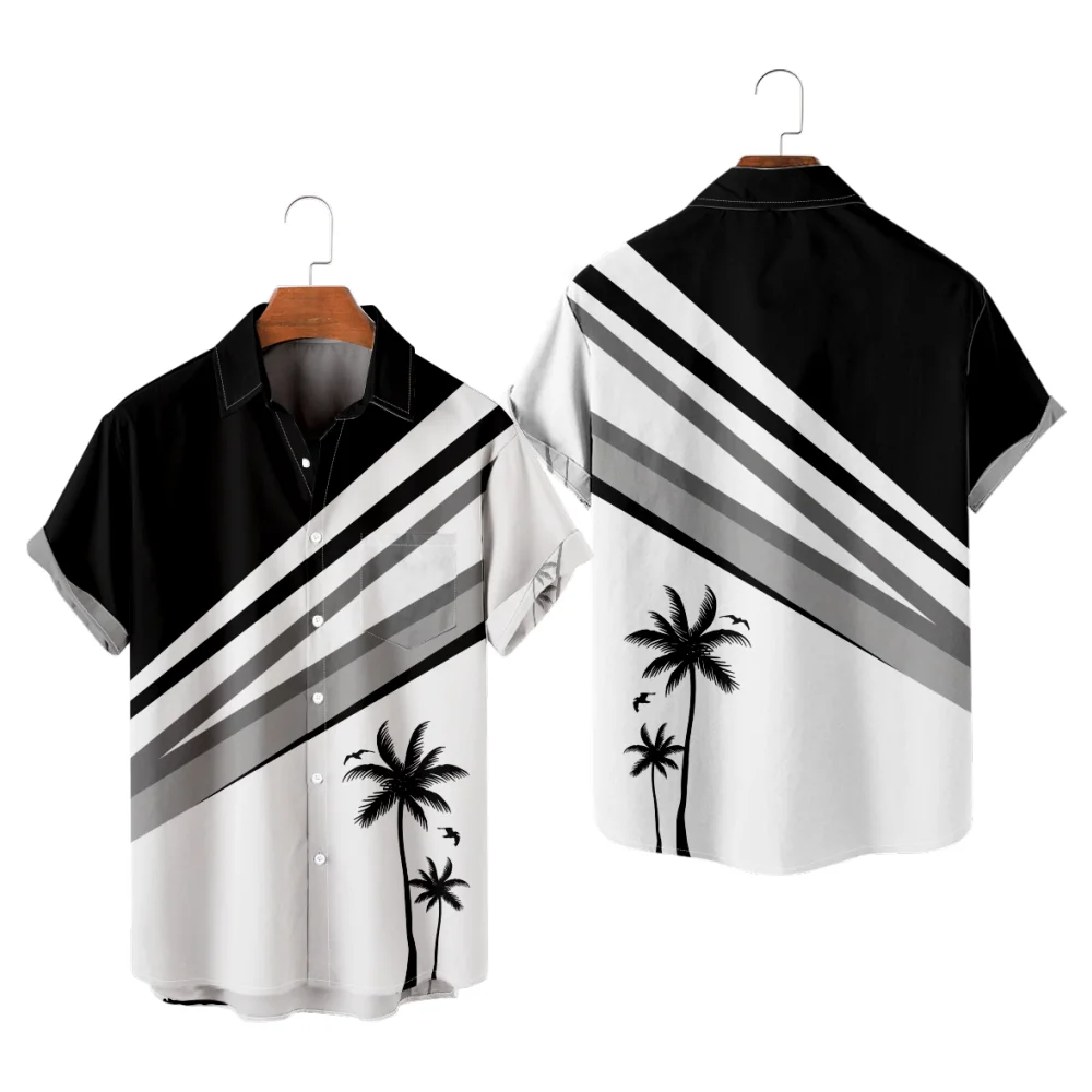 

Men's Hawaiian Shirt Coconut Palm Print Black and White Patchwork Deisgn Shirt Y2K Hombre Fashion Summer Shirt Streetwear