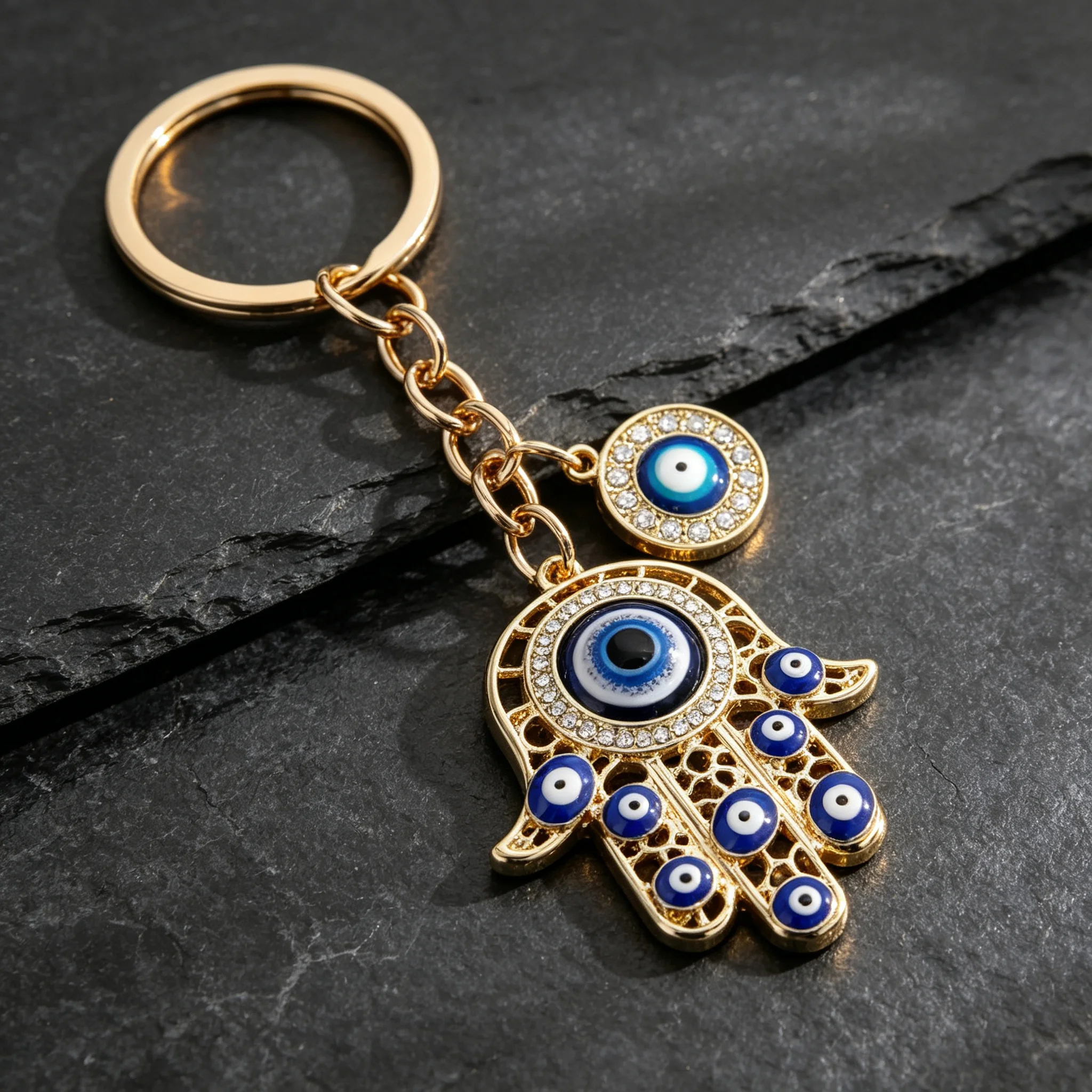 Strass-Schlüsselanhänger mit türkischem Bösem Auge und Hamsa-Hand, Glücksbringer Fatima-Hand aus Legierung, Taschen- und Autoanhänger, Amulett, Schmuckgeschenk für Damen und Herren – Detail 4