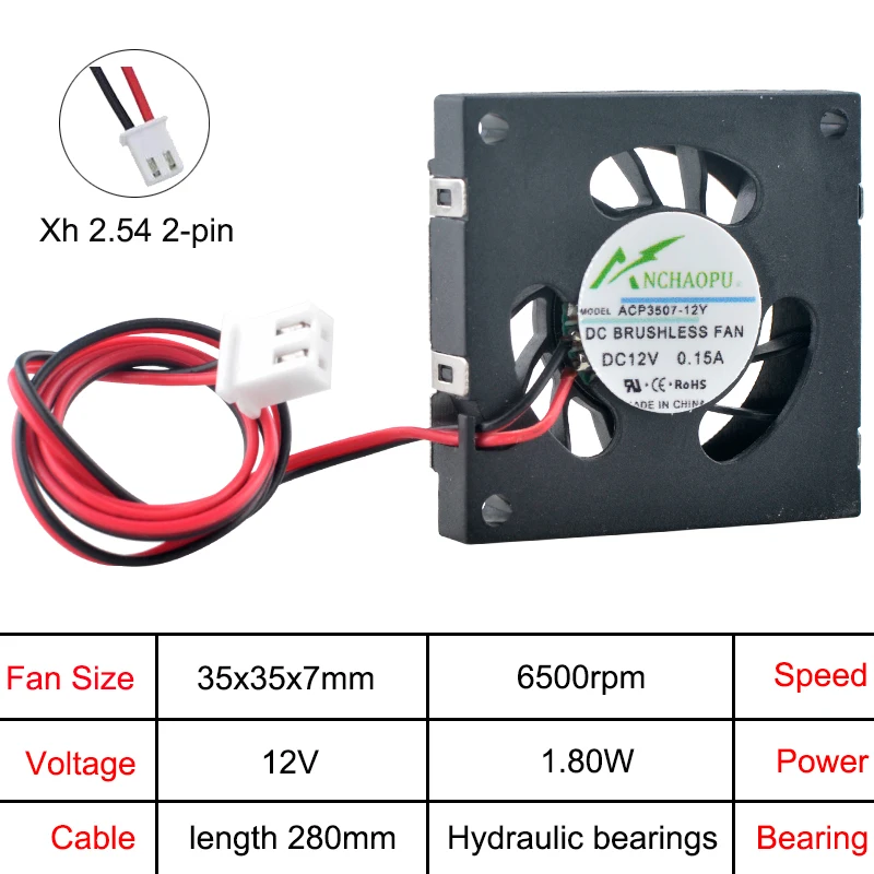 ACP3507-05Y ACP3507-12Y 3,5 cm 35 mm 2-poliger Radialgebläse DC5 V/12 V Lüfter für Projektoren und Drucker 35 x 35 x 7 mm