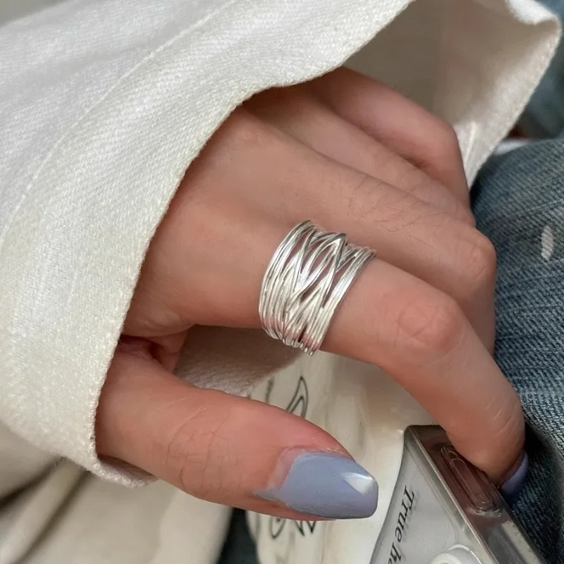 Women's 925 Sterling Silver Geometric Irregular Lines Open Ring