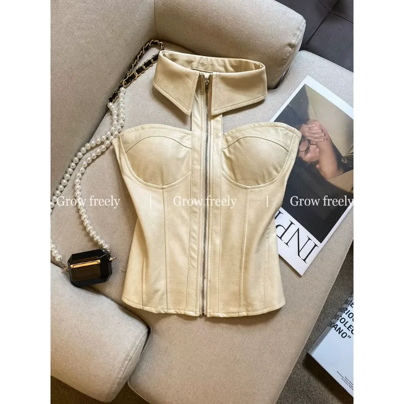 

Pure Desire Hot Girl, сексуальный топ из искусственной кожи с лямкой на шее, топ-труба, осень и зима 2023, новый дизайн, топ на талии