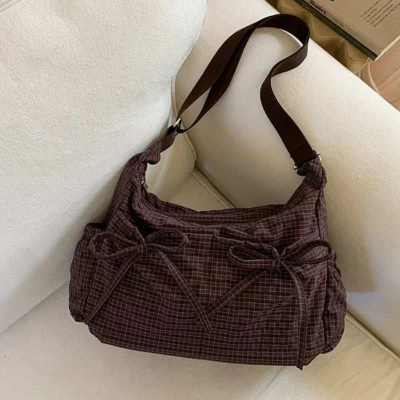 

Casual Tote Bag Korean Style Plaid Striped Shoulder Bag Sweet Bow Women's Bag Adjustable Crossbody Bag Fashion Commuter Handbag