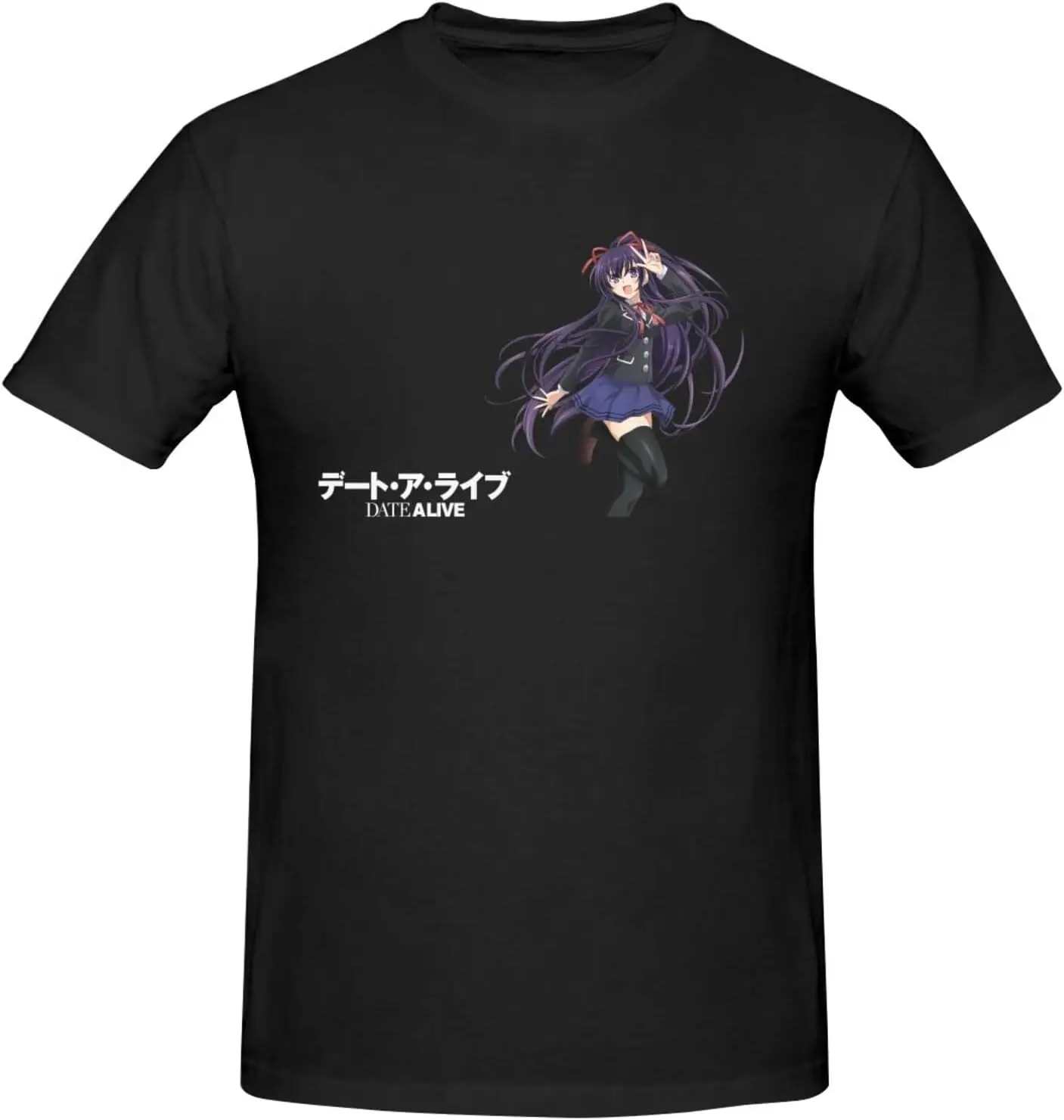 Date A Live Yatogami Tohka Men's T-Shirts Cotton Short Sleeve Crew Neck Fashion Graphic Print Tees Black