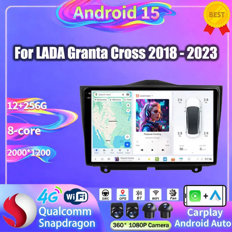 Wireless Carplay Android 15 For LADA Granta Cross 2018 2019 2020 2021 2022 2023 360 Camera Audio Multimedia Video Player Stereo