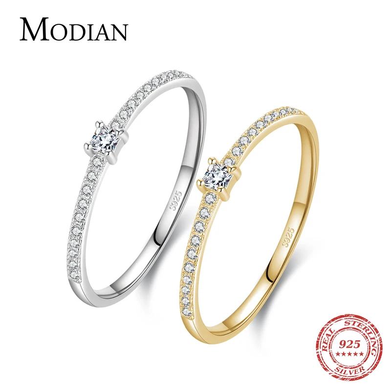 

Modian 2021 Real 925 Sterling Silver Simple Square Clear CZ Charm Gold Color Finger Rings For Women Wedding Engagement Jewelry