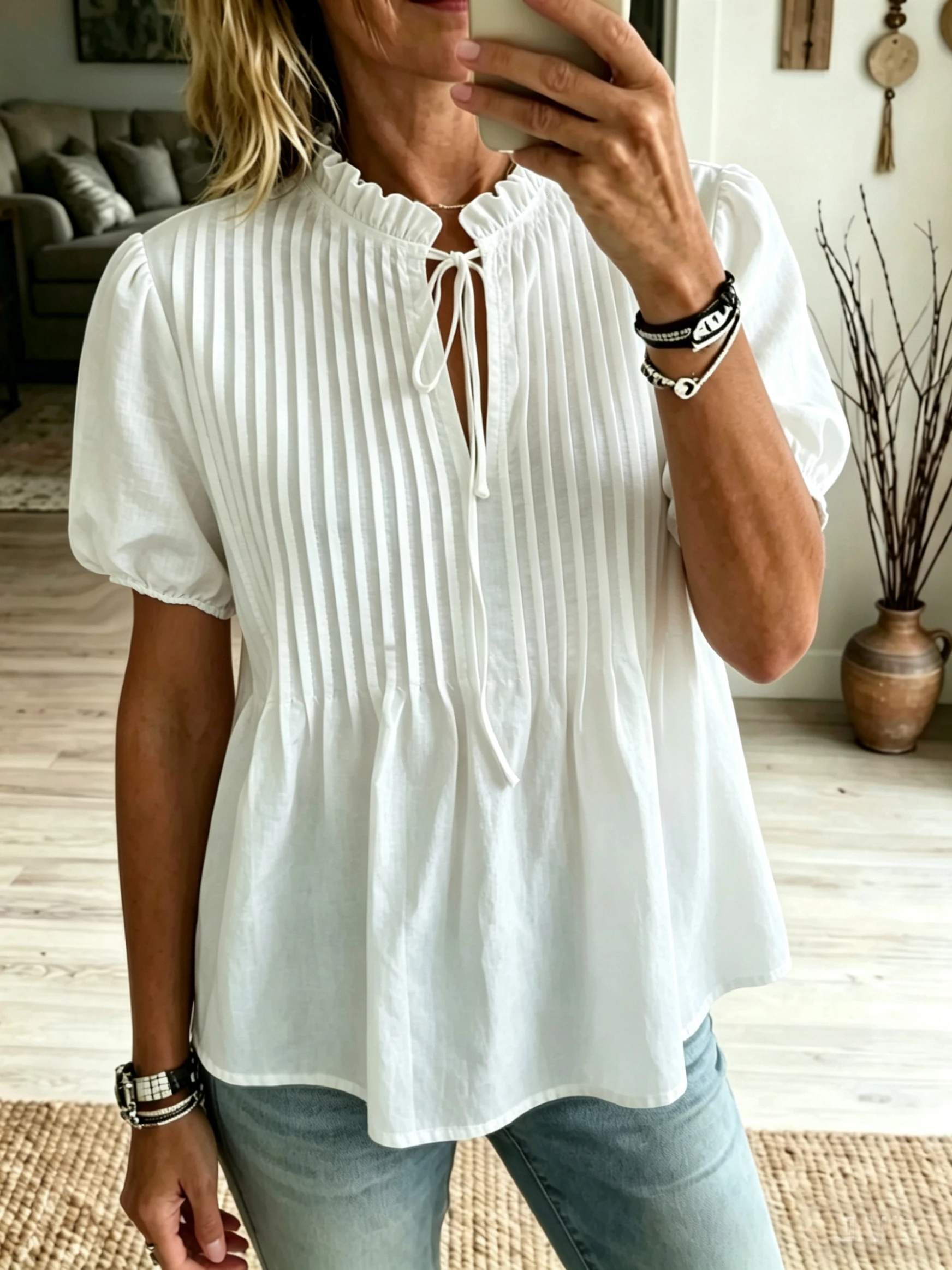 Women Summer Pleated Stand Collar Tie‑Up Puff Sleeve Waist‑Cinched Babydoll Blouse