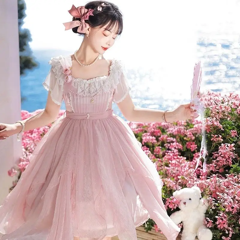 

Lolita Princess OP Dress Women Elegant Sweet Rose Lace Pearl Chain Pink Party Dresses Victorian Girl Fairy Dress