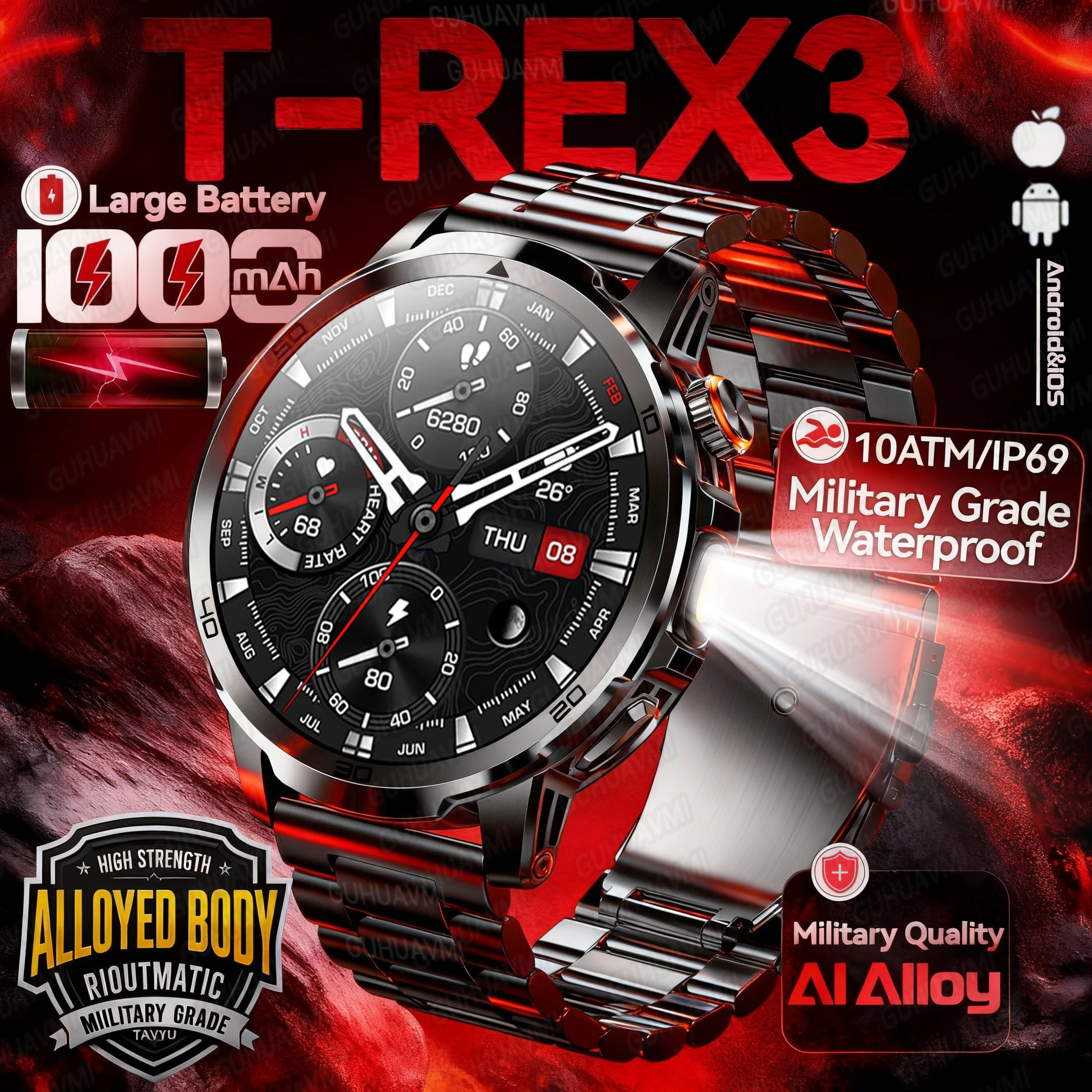 

2026 New Military Smart Watch 1000Mah Battery Fitness Tracking 10ATM Waterproof Tactics Sport Flashlight call Bracelet For Men