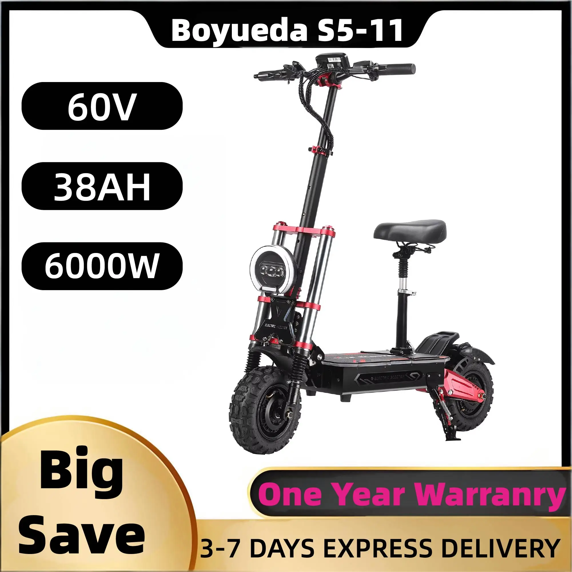 

Boyueda S5-11 Electric Scooter 6000W Travel Motor 60V38AH Battery NDavid Safety App Control Electric Scooter Silent Tire Electri