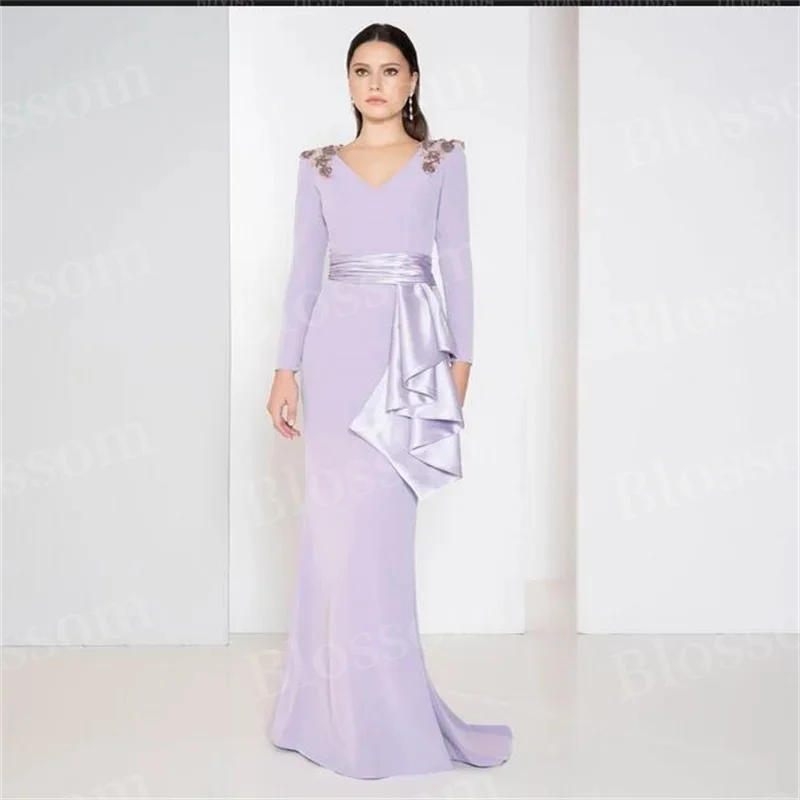 V-neck pleated Evening Gown Elegant satin Mermaid Ball gown with floor-length long sleeve decal formal party dress