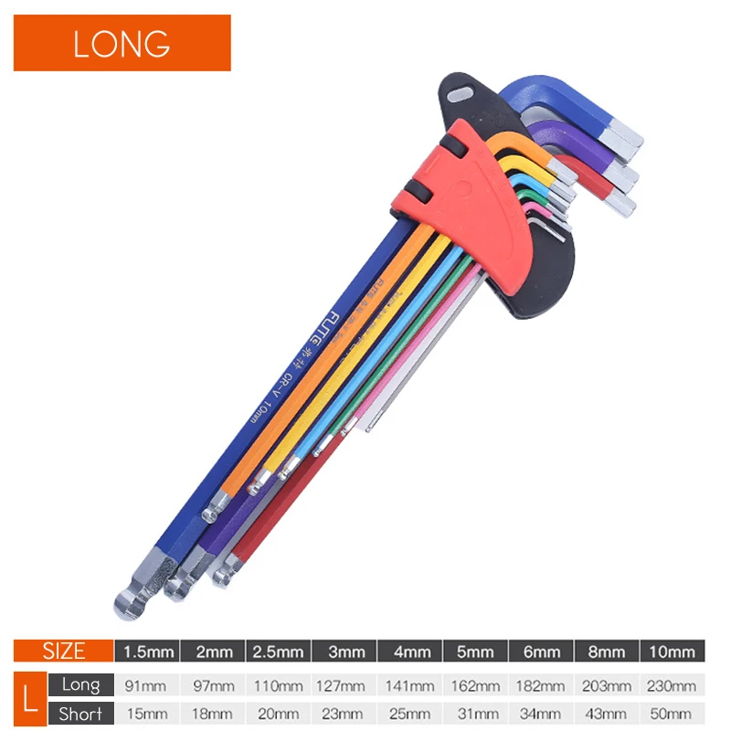 Juego de herramientas de mano para bicicleta, juego de llaves allen hexagonales de 9 piezas, 1,5mm-10mm, con código de color, con manga larga, accesorios para bicicleta