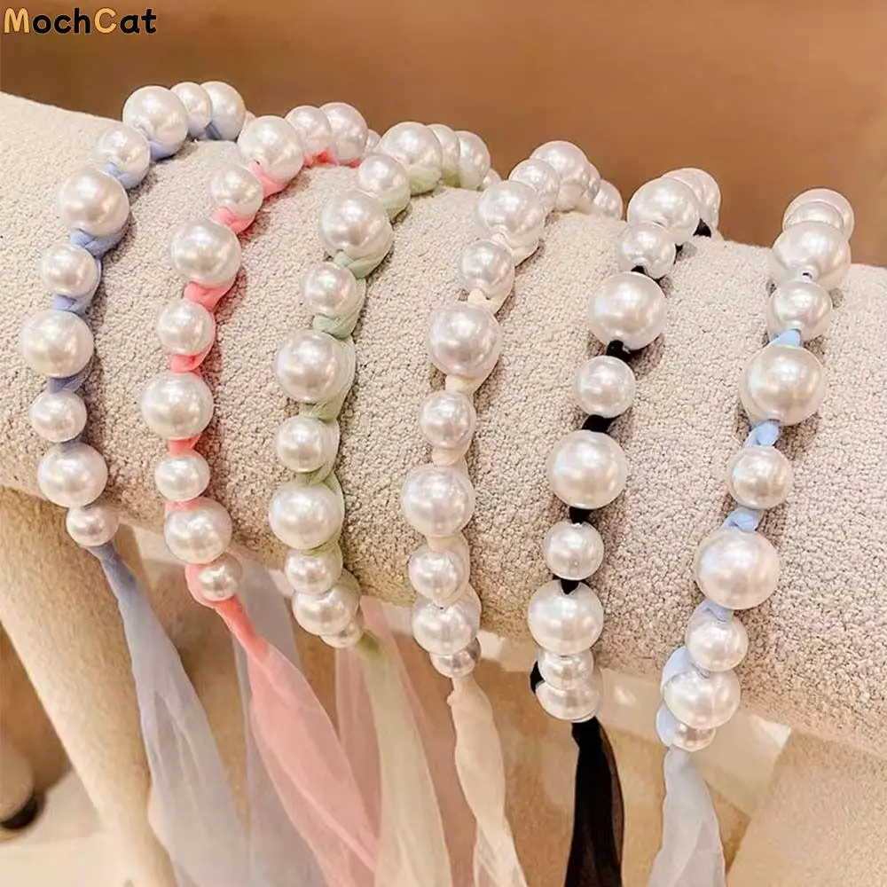 

Retro Korean Style Pearl Ribbon Hairband Head Wear Hair Wear Princess Hair Hoop 3D Hair Clip Children Wreath Headband Women