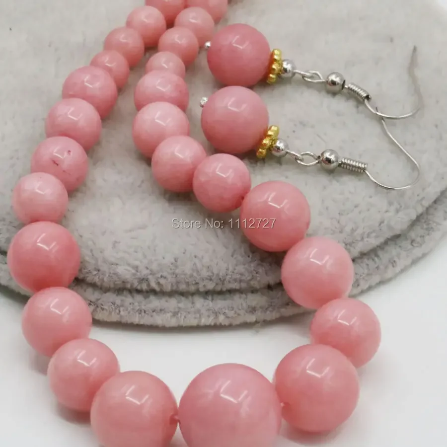 6-14mm Accessory Crafts Pink Lucky Stone Necklace Chain Earring Sets Round Beads Jewelry Party Wedding Gifts 18inch Part Fitting