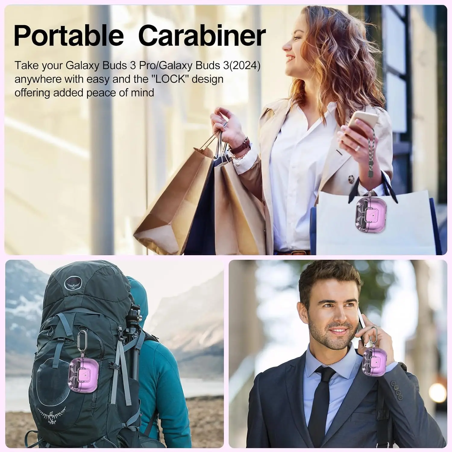 Funda transparente para Samsung Galaxy Buds 3/3Pro, funda protectora a prueba de golpes con bloqueo seguro y Kit de limpieza, mosquetón y cordón