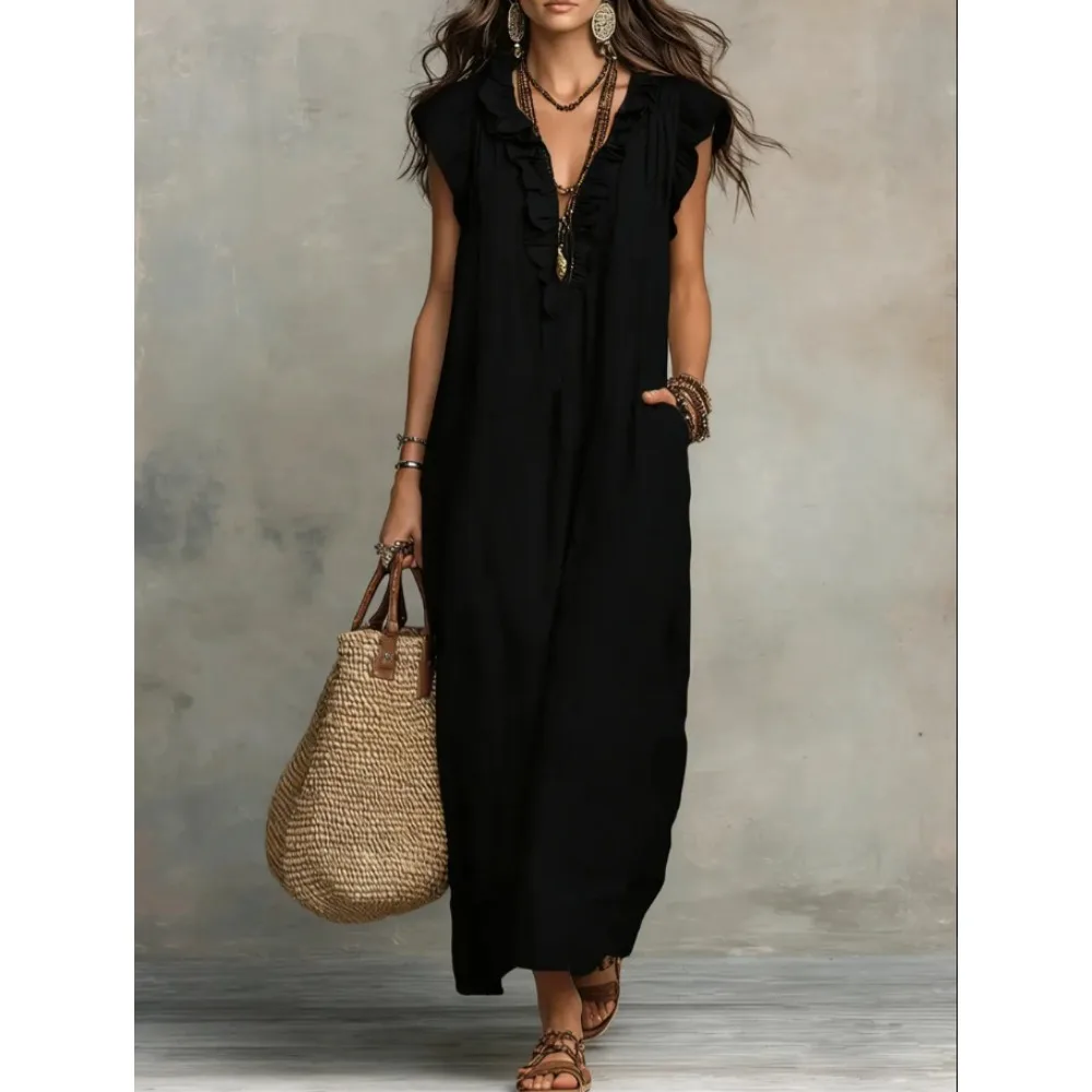 Women Bohemian V Neck Flutter Sleeve Maxi Dress Summer Casual High Waist Flowy Beach Long Dresses Loose Fit Sun Dress - Image 5