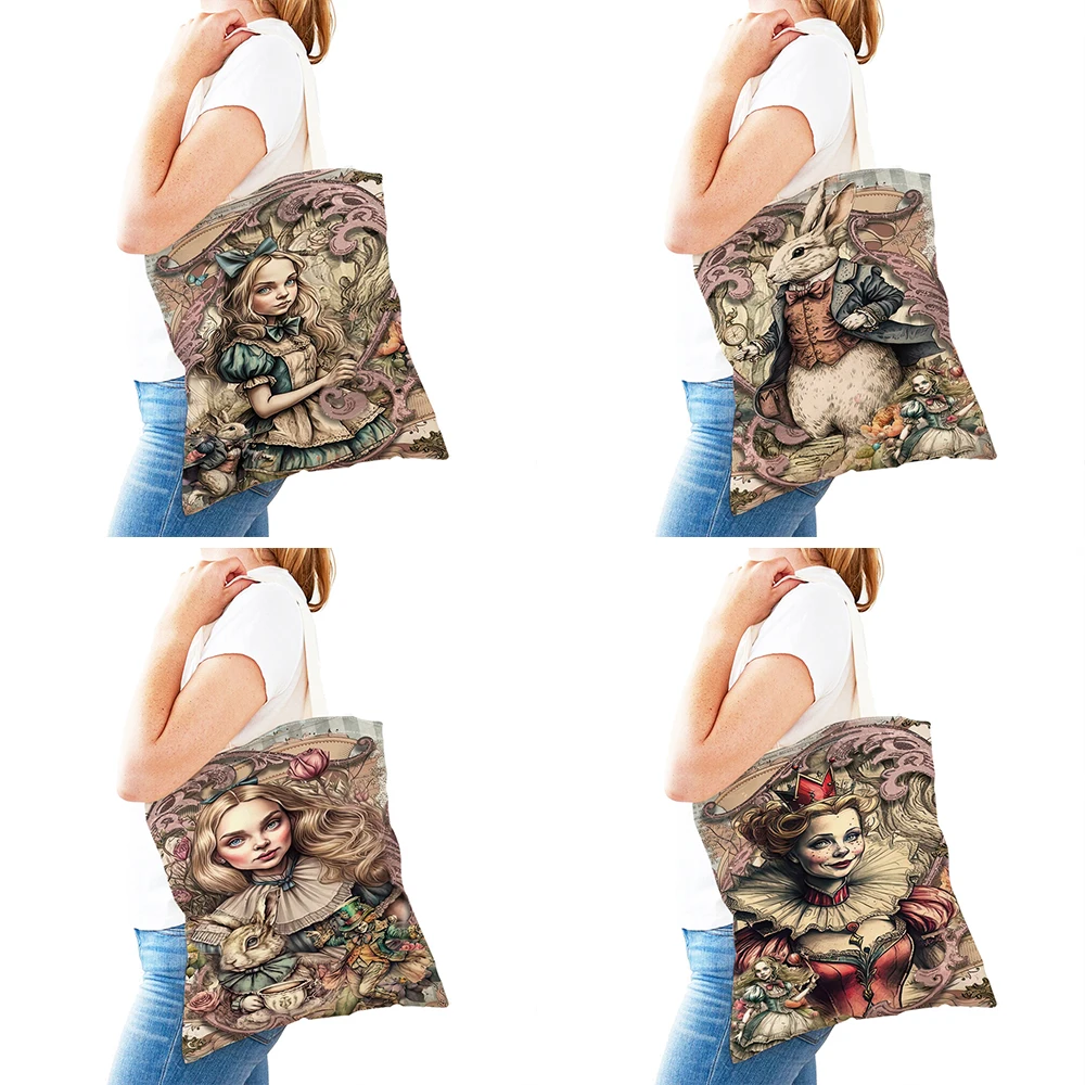 Casual Fairy tale Women Shopping Bags Double Print Wonderland Lady Shopper Bag Children Gift Canvas Girl Tote Handbags