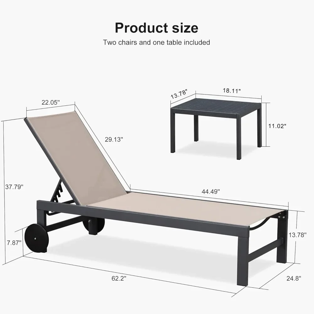 Aluminum Outdoor Chaise Lounge Set for Two with Adjustable Reclining Backrests and Portable Wheels