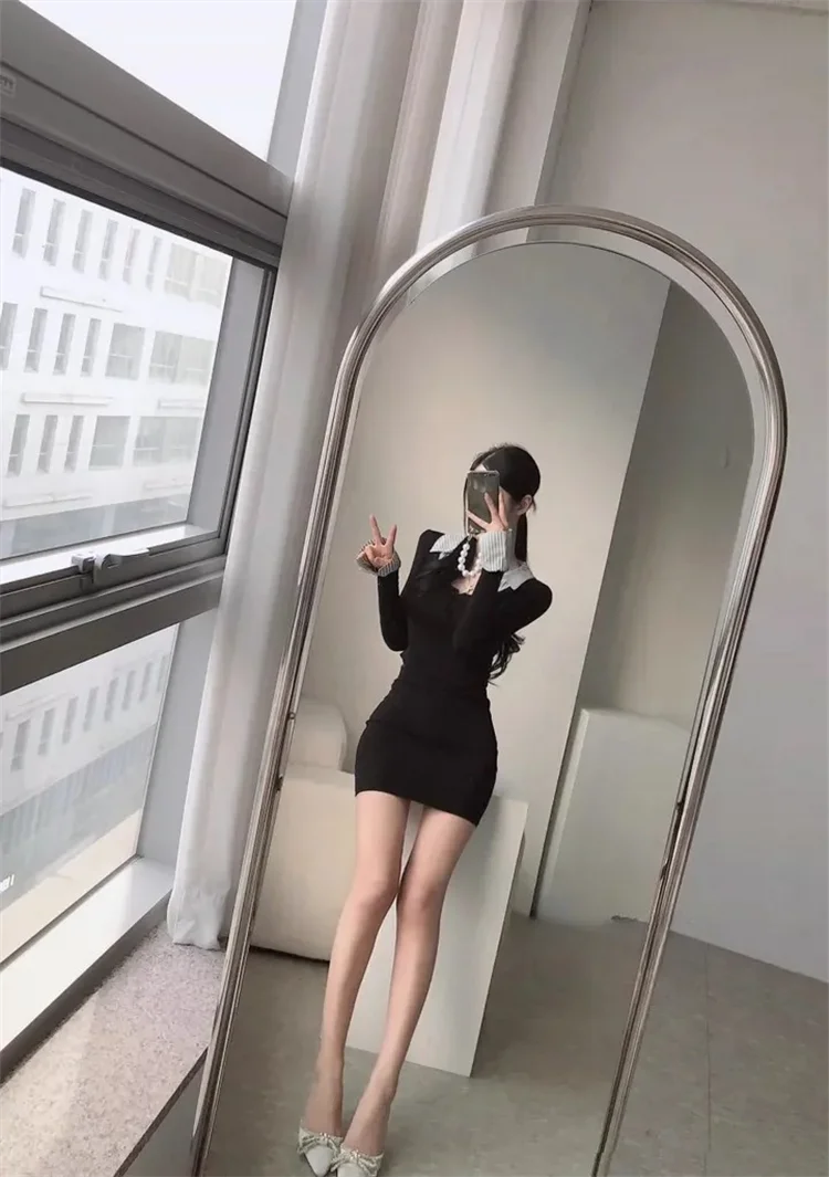 Koreanischer Stil, figurbetontes Oberteil mit Revers, Knöpfen und Patchwork-Muster, langärmelig, Bodycon-Minirock, Outfit, T-Shirt, Damen, schick, schlankmachend, passendes Set – Detail 7