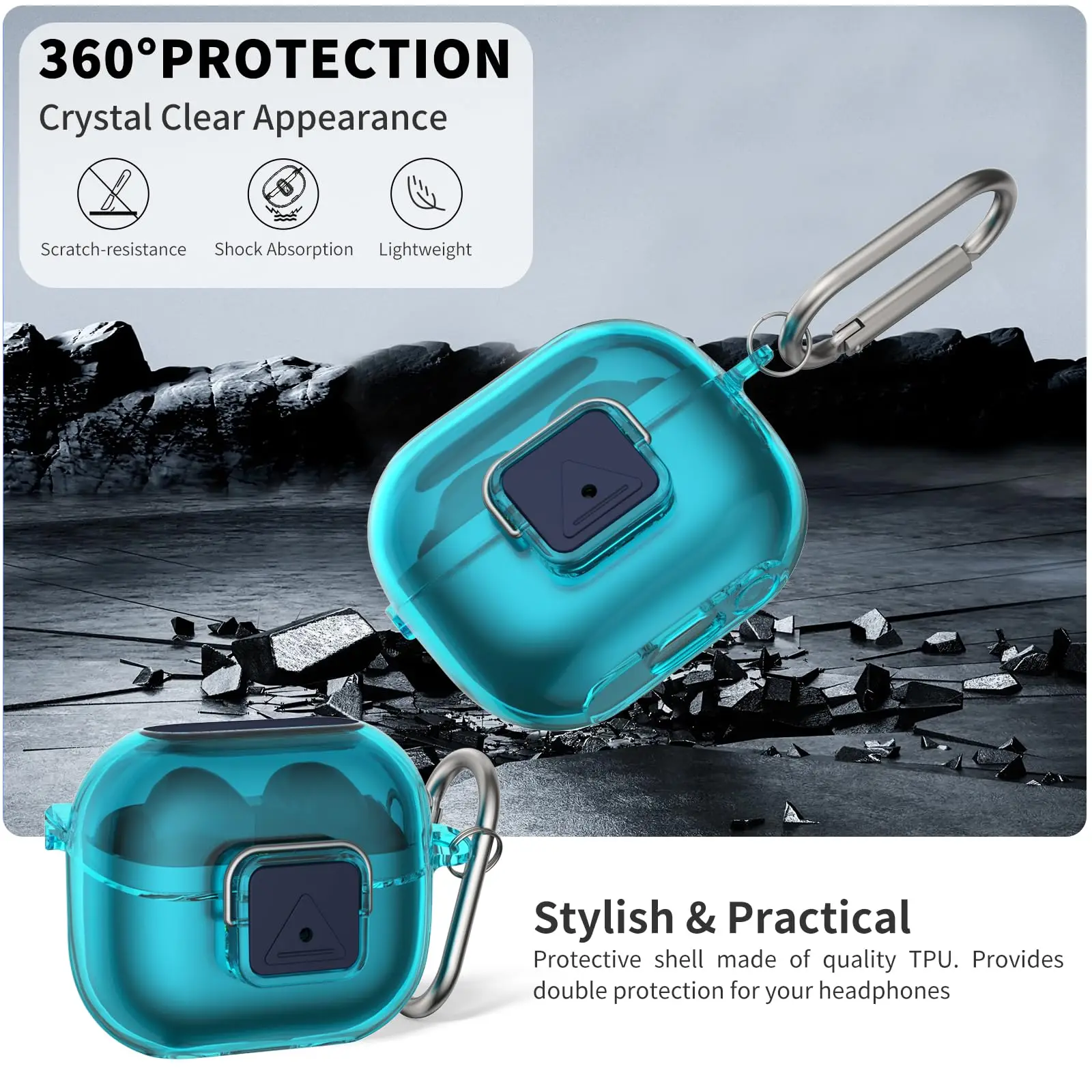 قفل آمن لهاتف سامسونج جالاكسي بادز 3 برو، غطاء حماية أزرق شفاف مع مجموعة تنظيف وسلسلة مفاتيح لهاتف سامسونج جالاكسي بادز 3