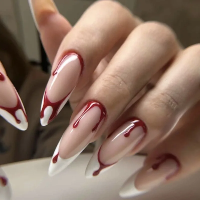 24pcs Mädchen rotes Blut entwirft weiße französische Presse auf Nägeln tragbare falsche Nägel für Party Halloween Stiletto künstliche Nägel für Frauen