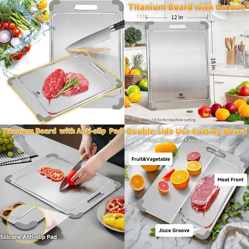 

Titanium Double-Sided Chopping Board with Grooves, Anti-Slip Silicone Edges, Durable Stainless Steel Countertop Protector
