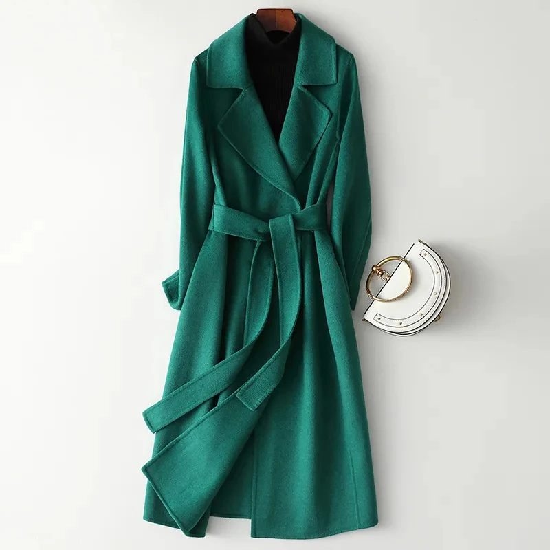 

Chic Double-faced Cashmere Coats Ladies Autumn Winter Woolen Jacket With Belt Womens Wool Overcoat Long Warm Wool Outwear Parkas