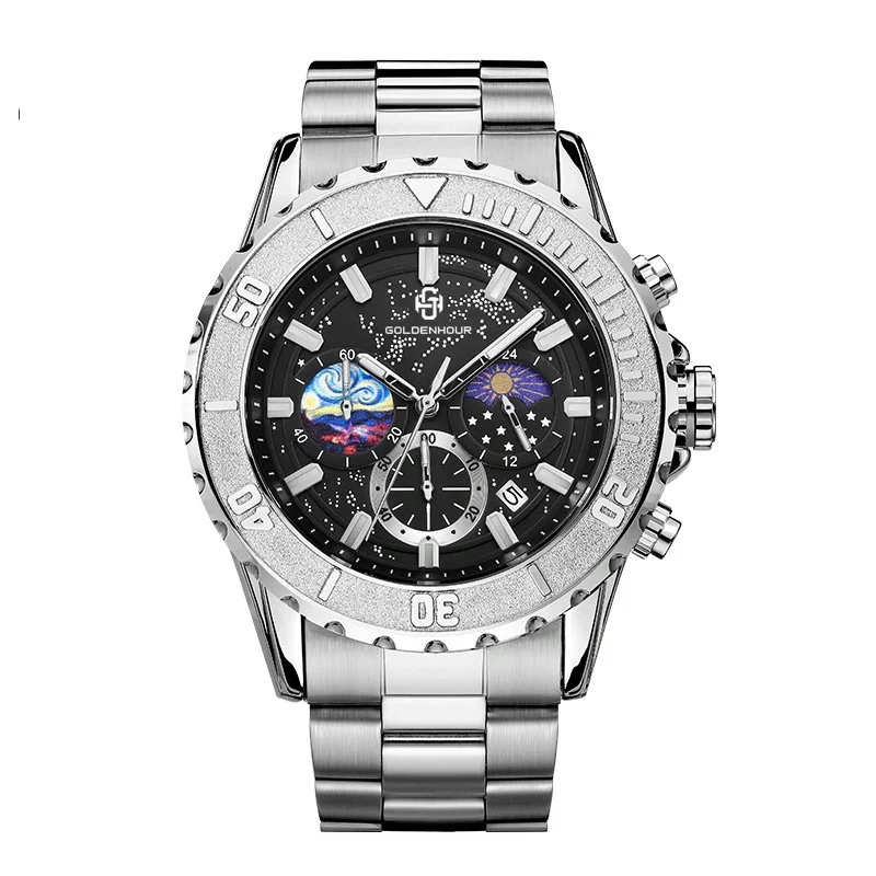 Quartz Watch for Man with 46mm Diameter and 14mm Thickness Independent Second and Minute Hands 5 O'clock Position Calendar 3ATM