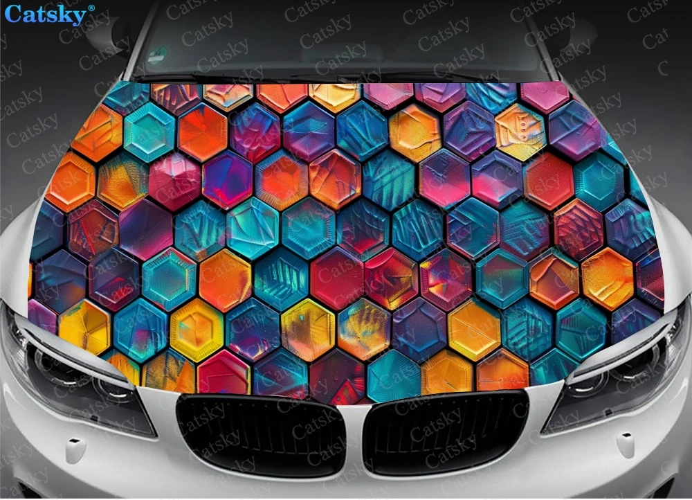 3D Grungy Hexagon Car Hood Decal Stickers Wrap Vinyl Film Engine Cover Decals Sticker Car Hood Protective Film