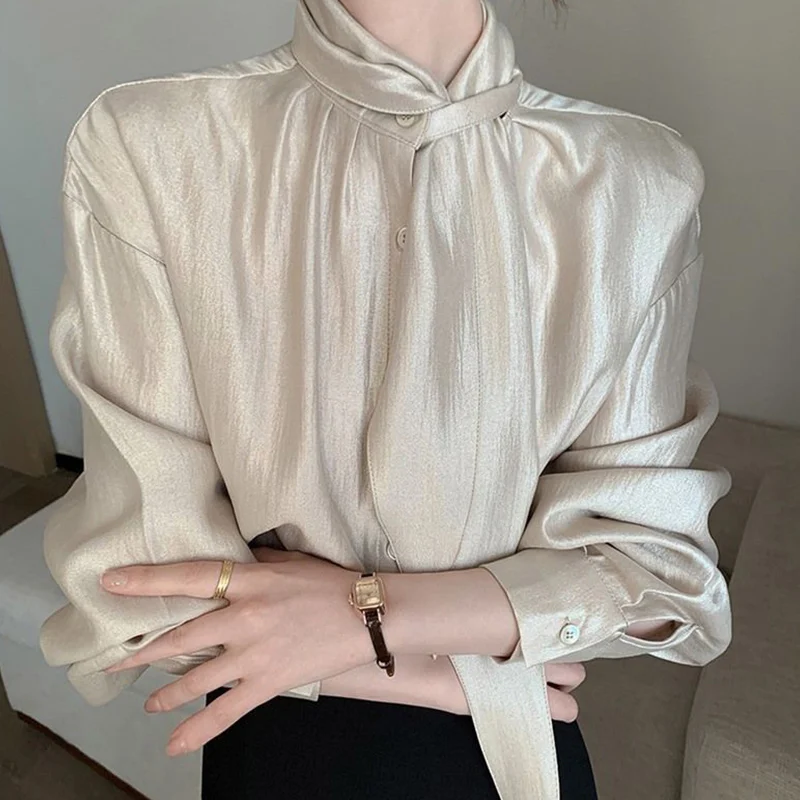 Champagne Turtleneck Long Sleeve Irregular Shirts Female Autumn 2024 New Elegant Temperament Fashion Top Tee Ladies Trend Blouse