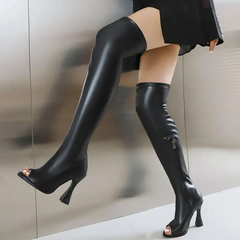 

Chic Open Toe High-heeled Women Over-the-knee Boots Stretch Bright Black Patent Leather Zipper Thigh Boot Faux Suede 46