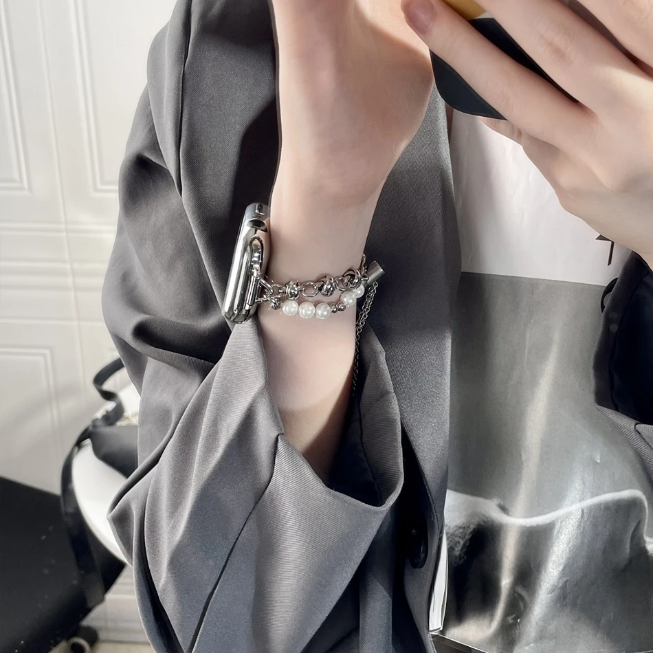Correa de metal con cadena de perlas de moda para Apple Watch Ultra 49mm iWatch Series 7 8 6 SE 4 5 38/40/41mm 42/44/45mm: Pulsera de banda de reloj elegante