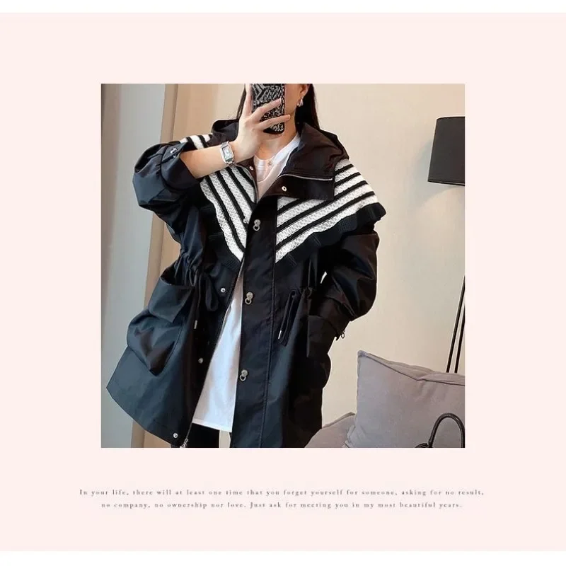 Streak Mid-length Coat Female Western Style Waist in Flounce Jacket Spring and Autumn New Fashion Hooded Loose coat