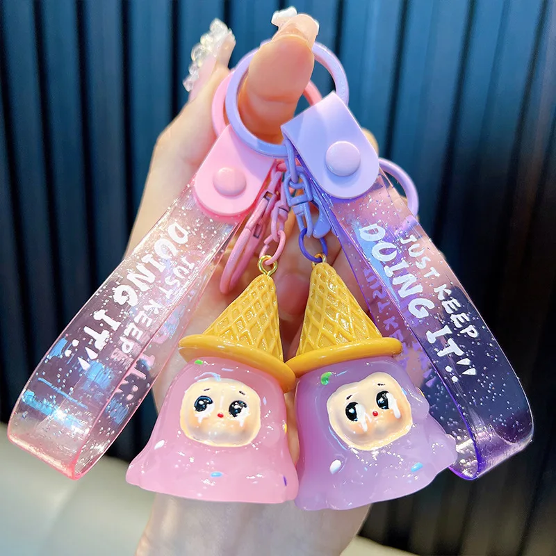 Creative Resin Cute Hat Popsicle Cone Doll Key Chain Exquisite Pendant Cartoon Ice Cream Elf Wronged Baby Bag Keychain Girl Gift