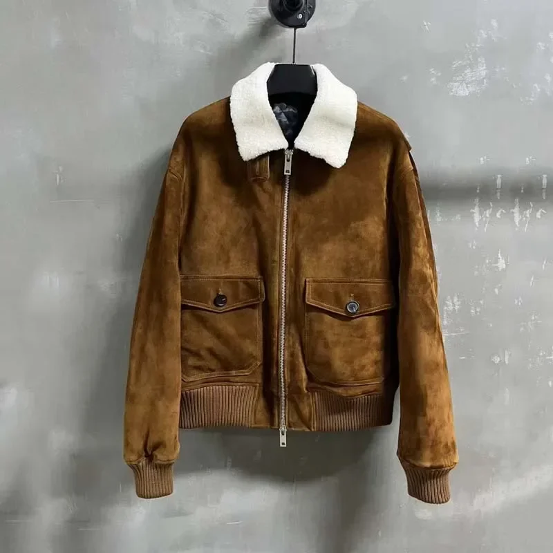 Hoge kwaliteit echt leren jas Suède schapenvacht Korte lengte Omgeslagen kraag met grote zakken Intensiveringsstijl