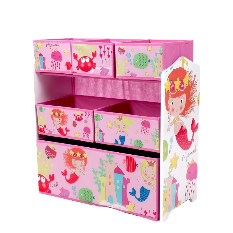 

Children's wooden toy organizer with fabric box