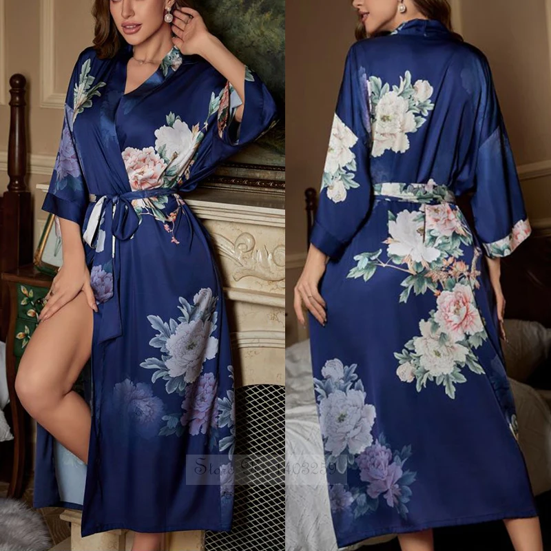 Camisón largo de satén para mujer, bata de baño con estampado de medio Kimono, para el hogar ropa de dormir, ropa de salón suelta, primavera y verano