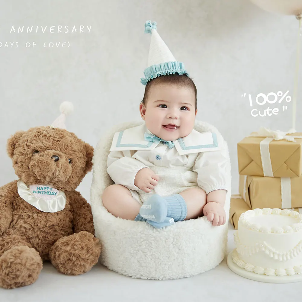 

3 Months Newborn Photography Props Set Cute Birthday Theme Knitted Outfits Set Included Teddy Bear Toy+Balloon Photo Shoot Prop