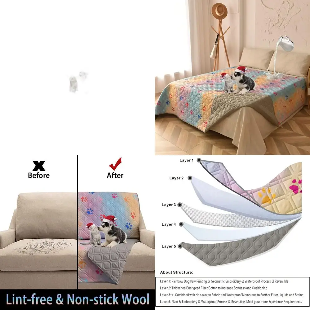 

Двусторонний водонепроницаемый чехол для кровати для собаки, 120x82 дюймов, моющийся коврик для кемпинга для домашних животных, геометрическая вышивка, принт радужных лап и Gra