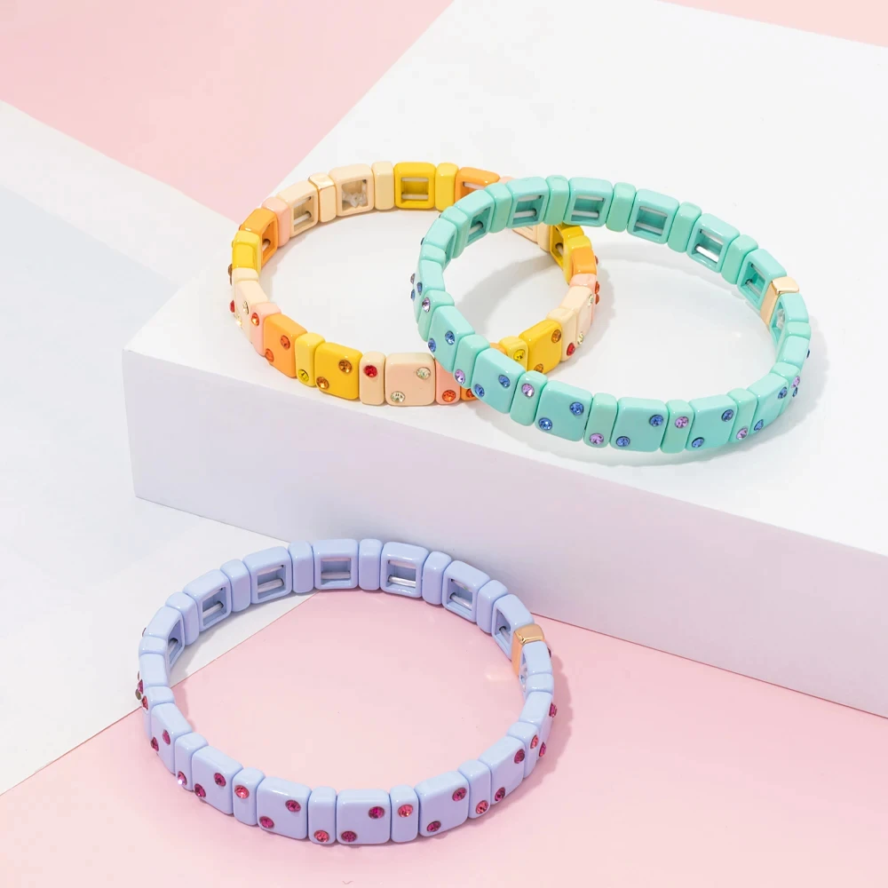 2023 New Trendy Enamel Colorful Beads Elastic Bracelet Set for Women Zirconia Bangle Women Jewelry Accessories Gift