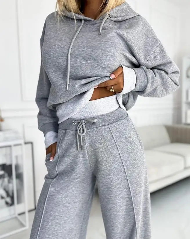 Two Piece Set Women Outfit 2023 Autumn Fashion Fake Two Piece Long Sleeve Hoodie & Casual Drawstring Pocket Wide Leg Pant Set