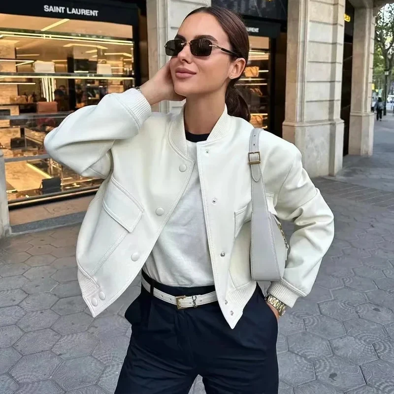 Woman Bomber Jacket Coat Black White Autumn Winter Button Baseball Aviator Cropped Jackets for Women Long Sleeve Crop Outerwear